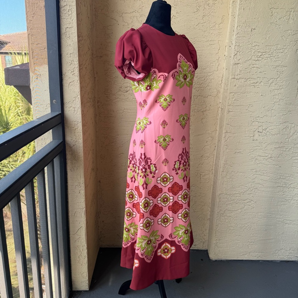 Mestiza New York Perla Flamingo Flourish Midi Dress Sz 8 Crew Neck Puff Sleeve - Picture 5 of 15
